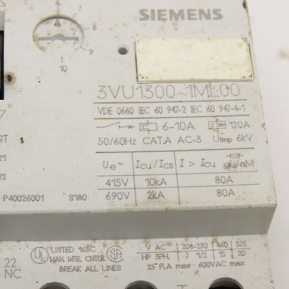 Siemens 3VU1300-1ML00 600VAC 25FLA Motor Starter Breaker 6-10A Trip Lot Of 3