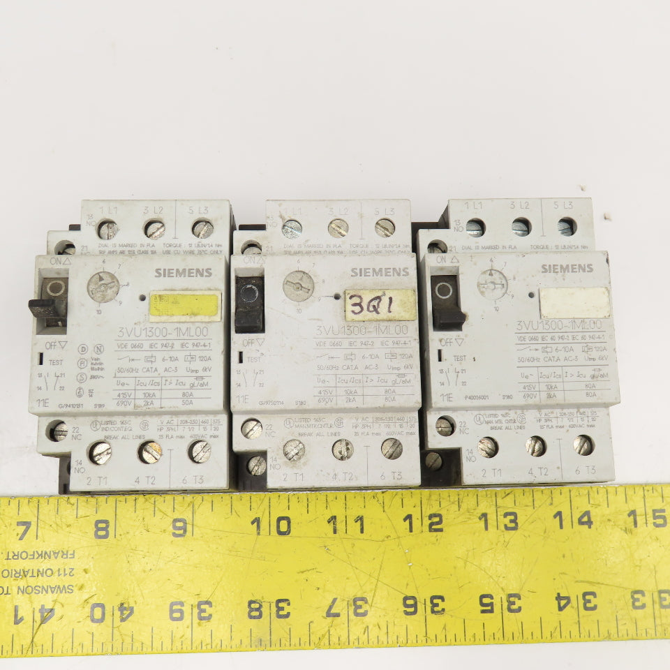 Siemens 3VU1300-1ML00 600VAC 25FLA Motor Starter Breaker 6-10A Trip Lot Of 3