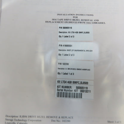 SUN ORACLE IBM LT04 4GB IBF'SL8500 Kit 500905119 Storeagetek T1000 Tape Drive