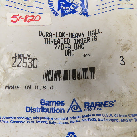 Dura-Lok 22630 7/8"-9 UNC Heavy Wall Threaded Insert Bag Of 3