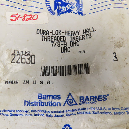Dura-Lok 22630 7/8"-9 UNC Heavy Wall Threaded Insert Bag Of 3