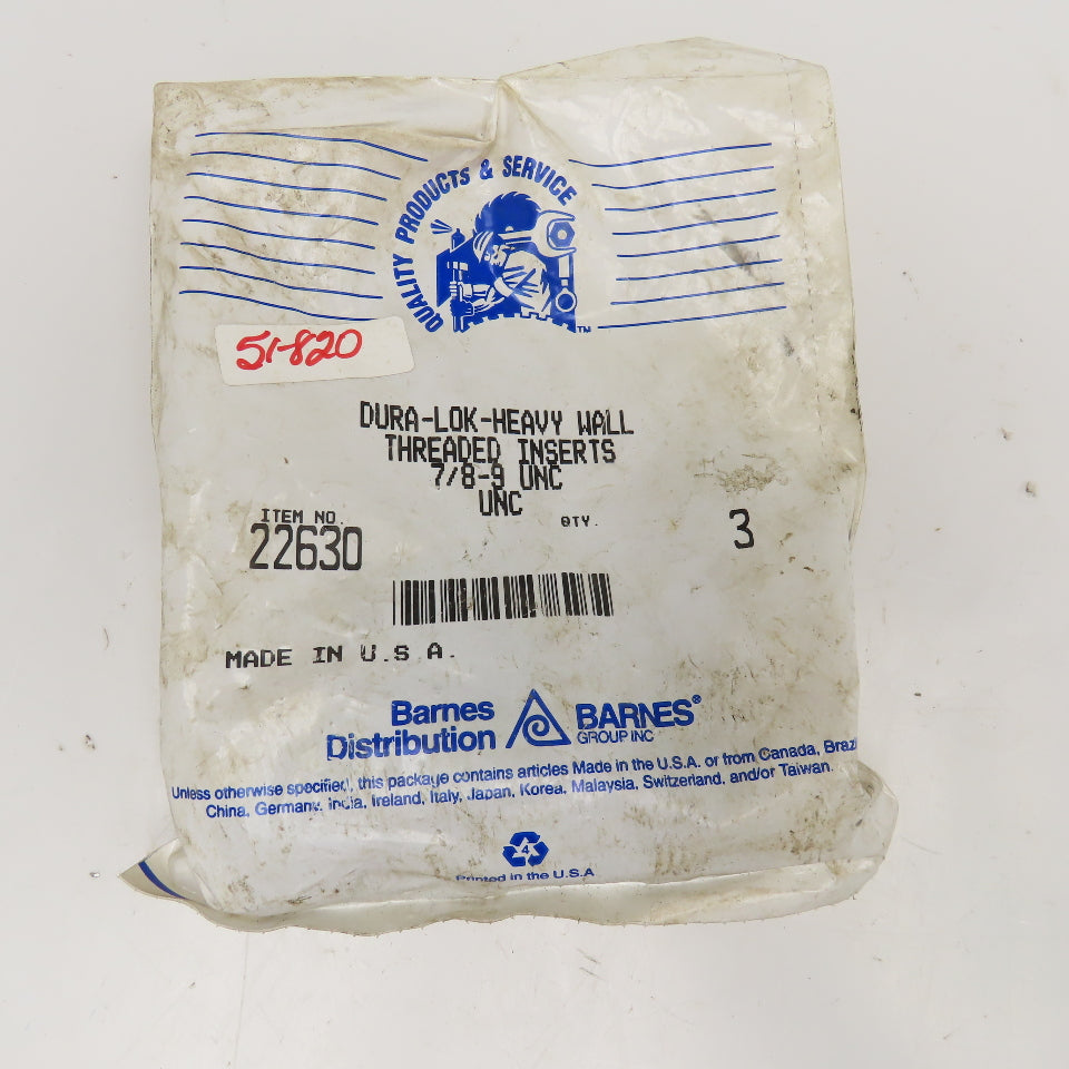 Dura-Lok 22630 7/8"-9 UNC Heavy Wall Threaded Insert Bag Of 3