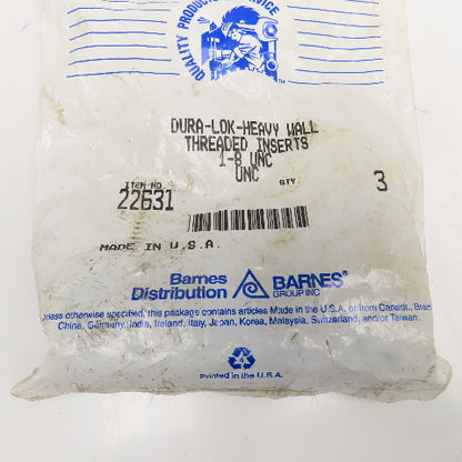 Dura-Lok 22631 1/8" UNC Heavy Wall Threaded Insert Bag Of 3