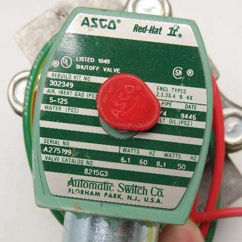 Asco 8215G3 Red Hat 3/4" Solenoid Valve Air Inert Gas