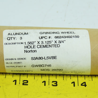 Norton 53A80-L5VBE GWBG746 Alundum Grinding Wheels 1.562" x 3.125" x 3/4" Lot/3