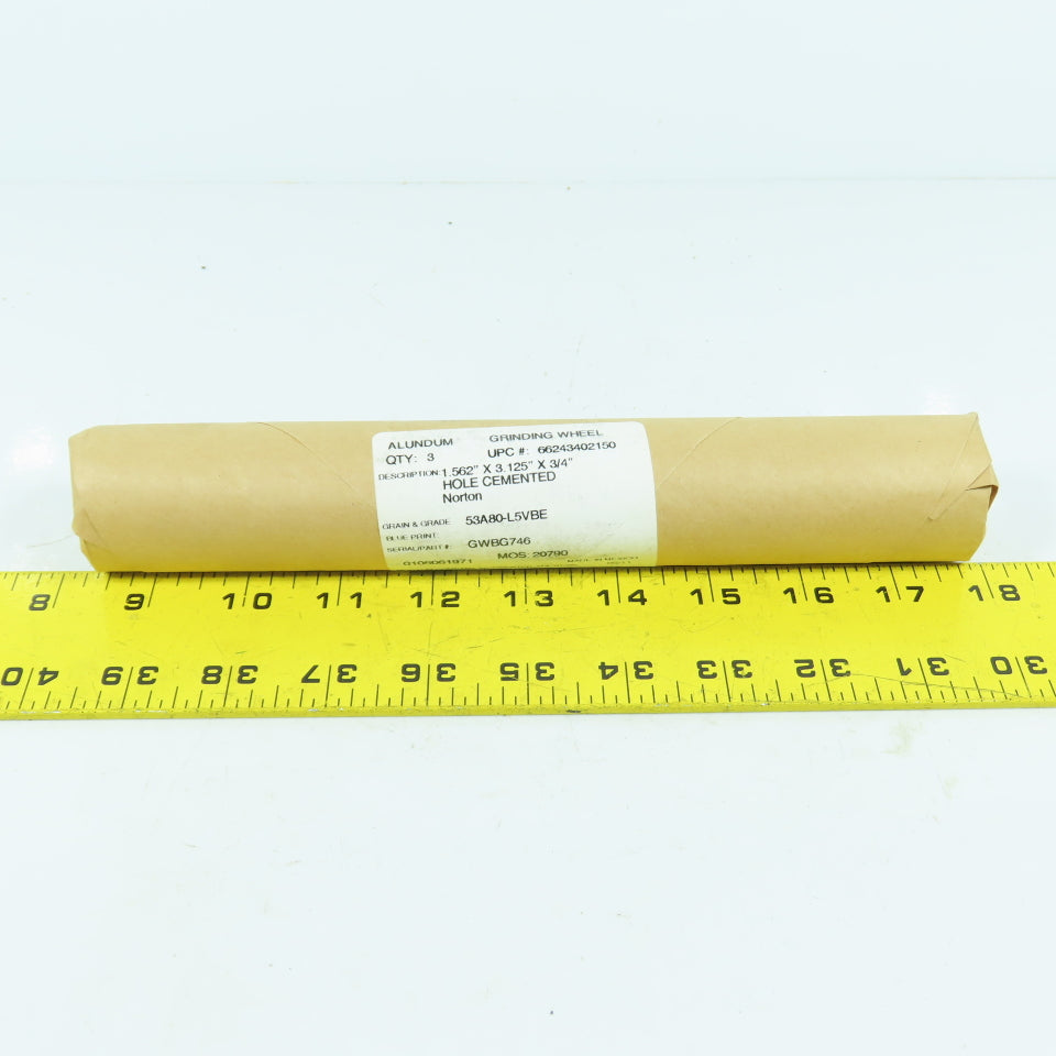 Norton 53A80-L5VBE GWBG746 Alundum Grinding Wheels 1.562" x 3.125" x 3/4" Lot/3
