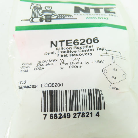 NTE NTE6206 Fast Recovery Silicone Rectifier Dual Positive Center Tap 200V 30A