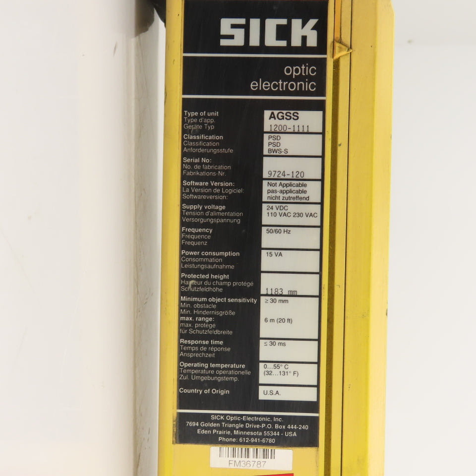 Sick 1200-1111 AGSS Safety Light Curtain Transmitter 1183mm H x 6m Range
