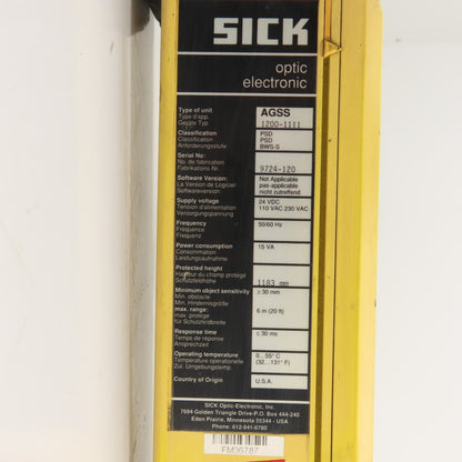 Sick 1200-1111 AGSS Safety Light Curtain Transmitter 1183mm H x 6m Range