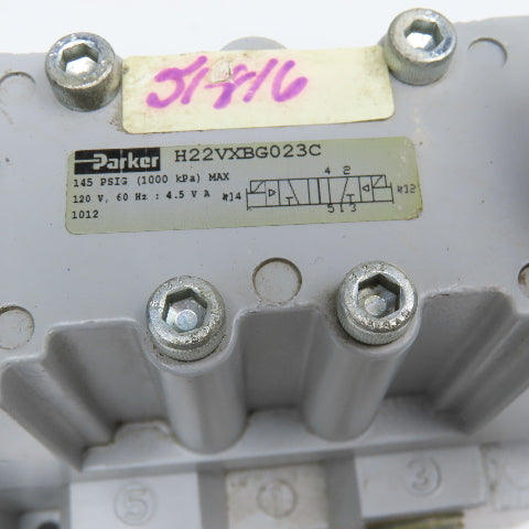 Parker H22VXBG023C 2 Position Double Solenoid Valve 120V Coil 1/2" NPT Manifold