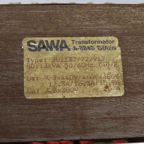 Sawa 3UI132/72/917 13kVA Transformer Pri 440/460/480V Sec 380V 3PH 20A (REPAIR)
