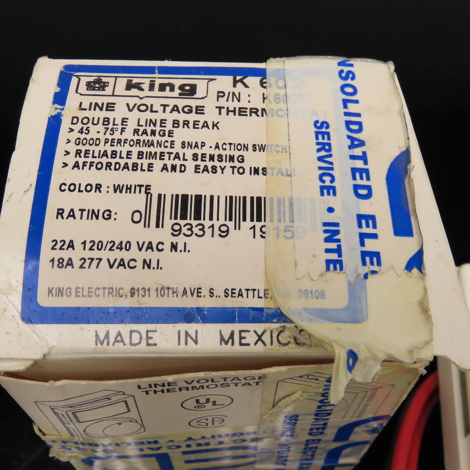 King K602W Line Voltage Thermostat 22A 120/240V 45-75°F White