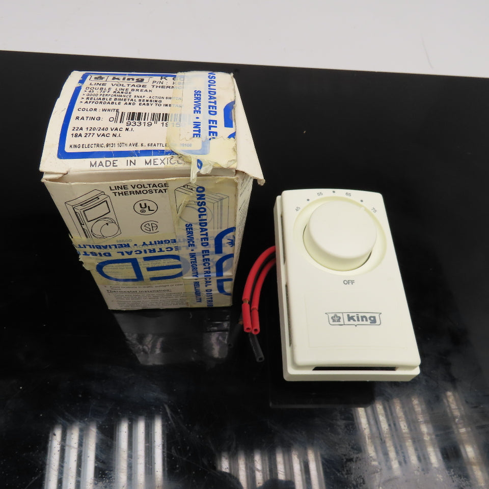 King K602W Line Voltage Thermostat 22A 120/240V 45-75°F White