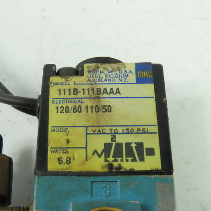 Mac 111B-111BAAA Solenoid Valve 120V 50/60Hz 150PSI 6.8W 1/8" NPT