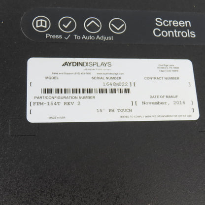 Aydin Displays FPM-154T Operator Interface Control Panel 15" Touchscreen Rev 2