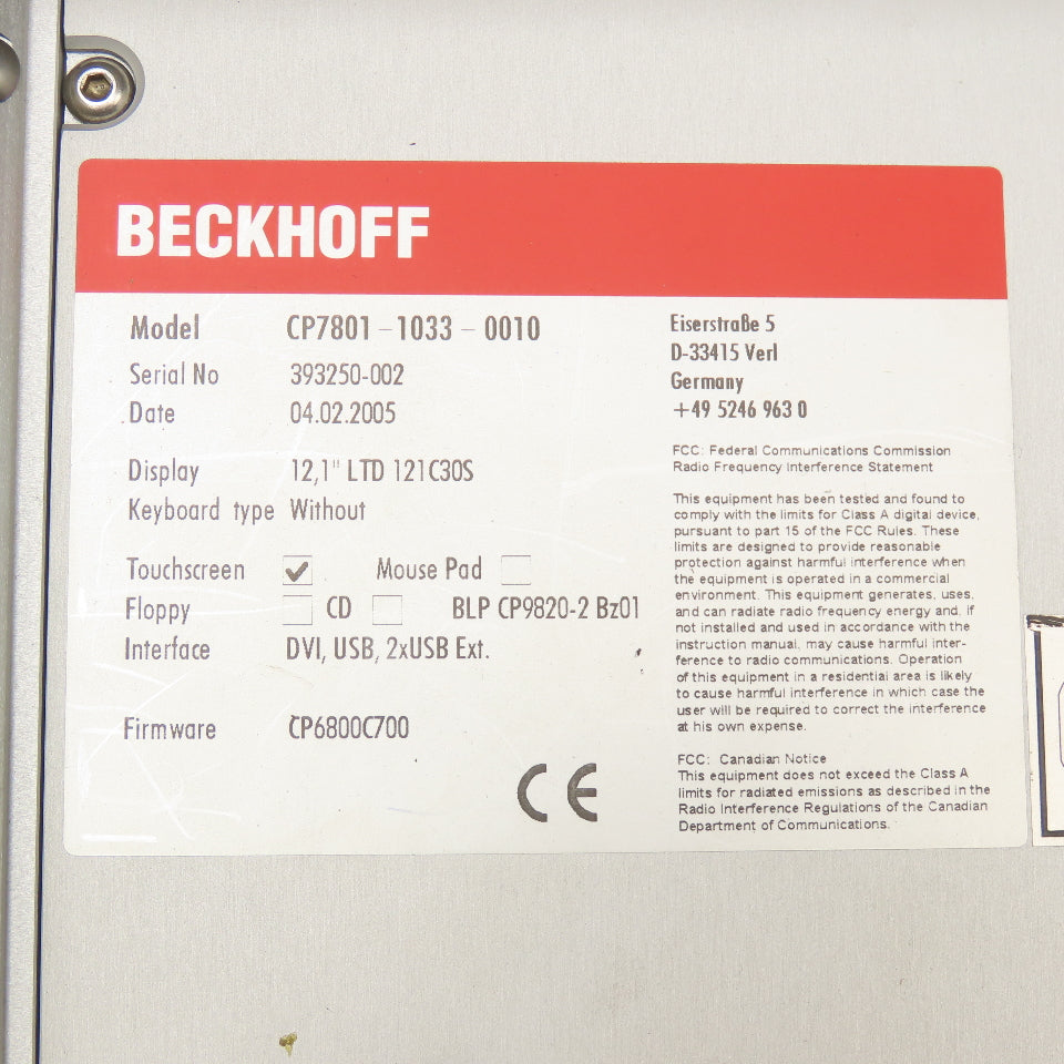 Beckhoff CP7801-1033-0010 12.1" Touch Screen HMI Display Panel