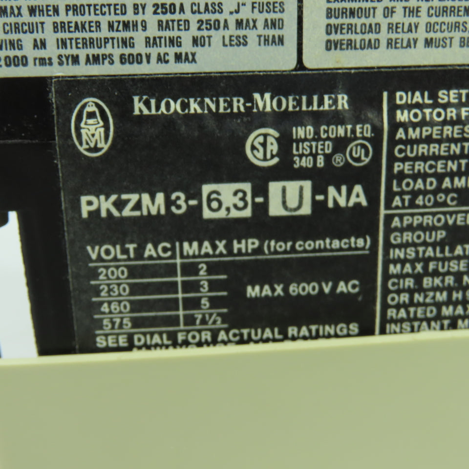 Knockner-Moeller PKZM3-6,3-U-NA 7.5HP 600VAC Manual Motor Starter