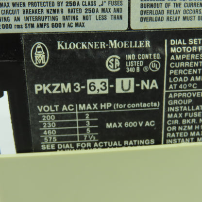 Knockner-Moeller PKZM3-6,3-U-NA 7.5HP 600VAC Manual Motor Starter