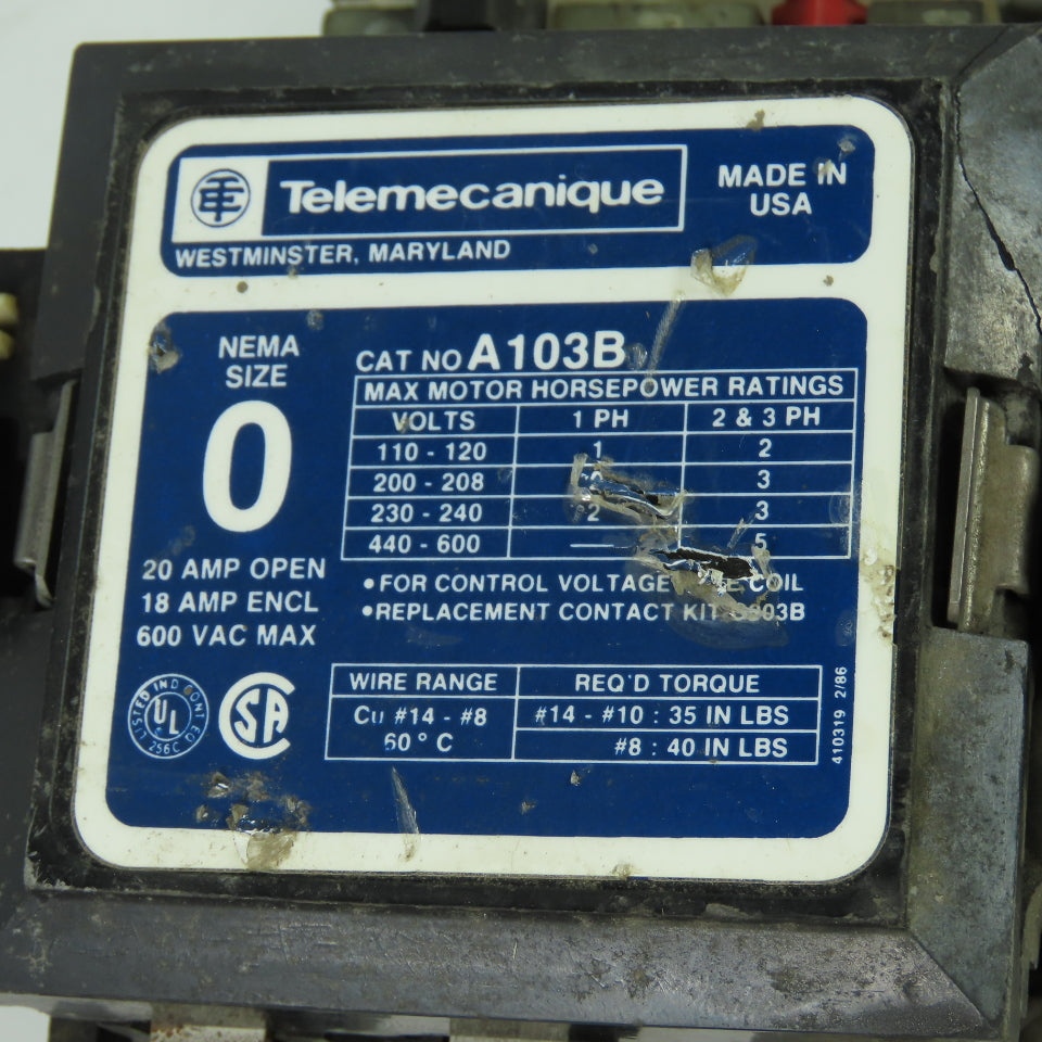 Telemecanique A103B Size 0 600VAC Contactor 20A 2HP 120V Coil