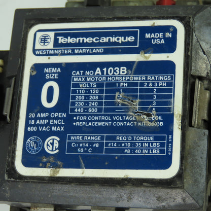 Telemecanique A103B Size 0 600VAC Contactor 20A 2HP 120V Coil