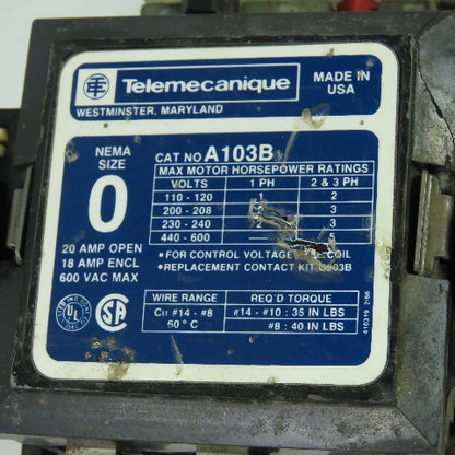 Telemecanique A103B Size 0 600VAC Contactor 20A 2HP 120V Coil