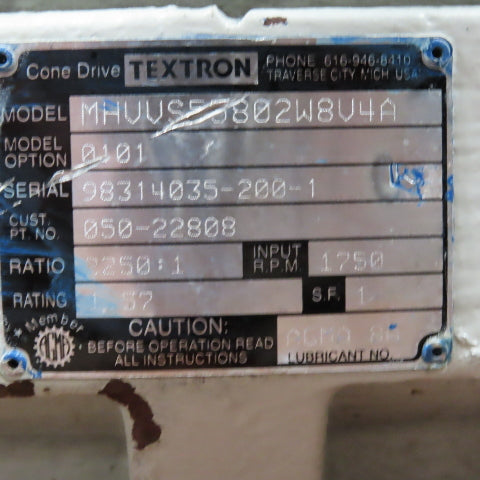 Textron MHVVS55802W8V4A Cone Drive Gear Reducer 2250:1 Ratio 1750RPM Input