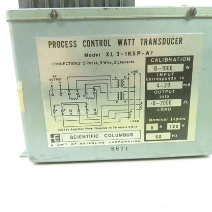 Scientific Columbus XL 3-1K5P-A7 Process Control Watt Transducer 120VAC 5A 60Hz