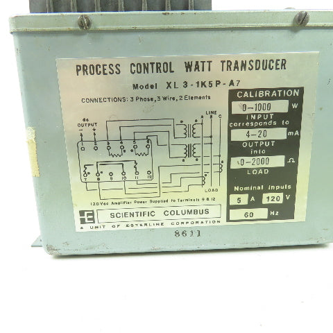 Scientific Columbus XL 3-1K5P-A7 Process Control Watt Transducer 120VAC 5A 60Hz