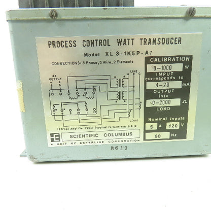Scientific Columbus XL 3-1K5P-A7 Process Control Watt Transducer 120VAC 5A 60Hz