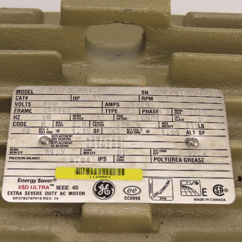 General Electric 5KS254SAB168 15HP Dual Shaft AC Motor 3555RPM 460V 3PH 254TCZ