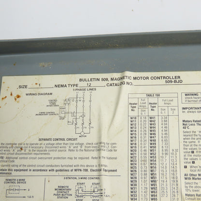 Allen Bradley 509-BJD Bulletin 509 Size 1 Magnetic Motor Controller 120V Coil