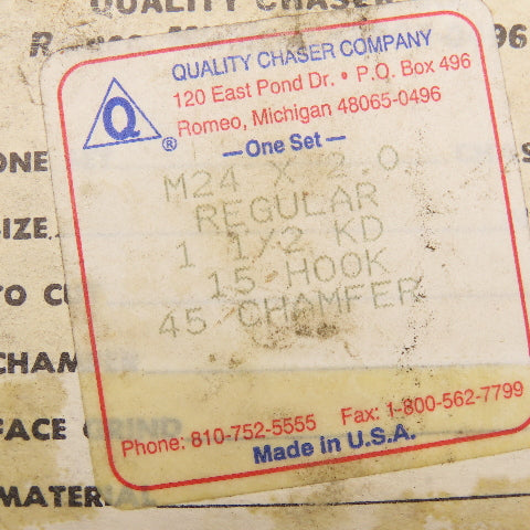 Quality Chaser Company M24 x 2.0 Regular 1-1/2KD 15 Hook Thread Chaser 45° Set/4
