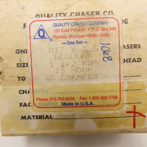Quality Chaser Company M17 x 1.5 Regular 1-1/2KD 15 Hook Thread Chaser 45° Set/4