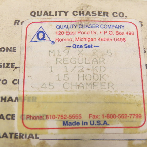 Quality Chaser Company M19 x 2.5 Regular 1-1/2KD 15 Hook Thread Chaser 45° Set/4