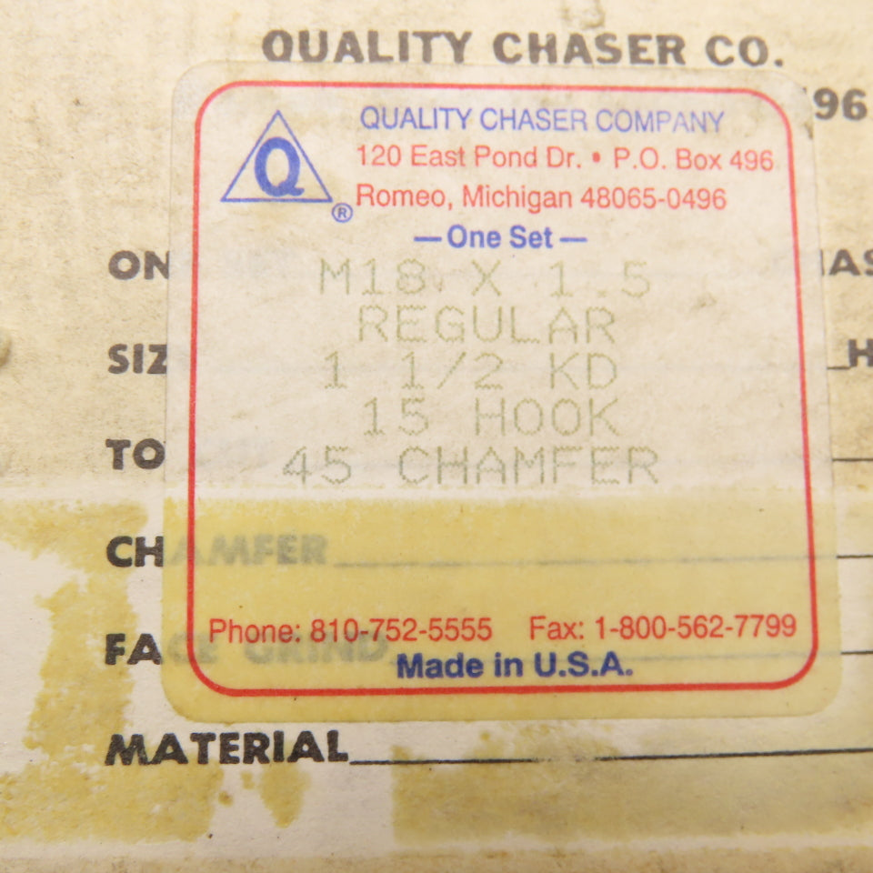 Quality Chaser Company M18 x 1.5 Regular 1-1/2KD 15 Hook Thread Chaser 45° Set/4