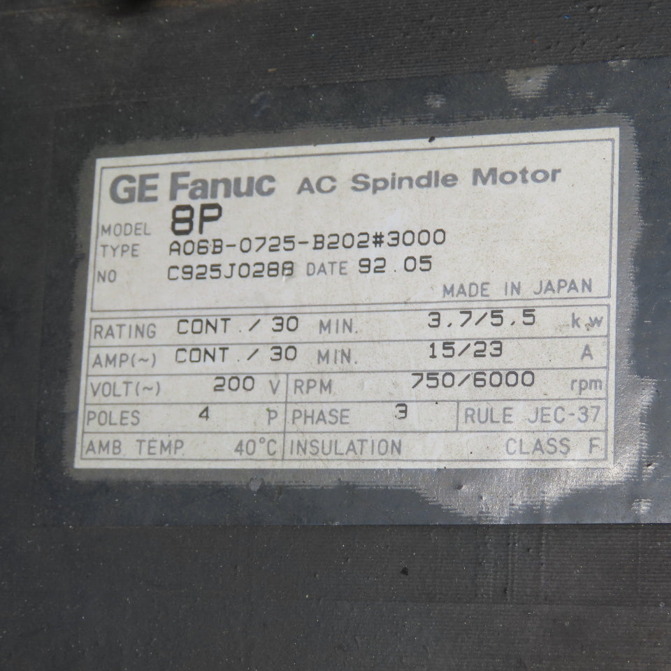 Fanuc A06B-0725-B202#3000 8P 5.5KW 3Ph AC Spindle Motor 200V 6000RPM