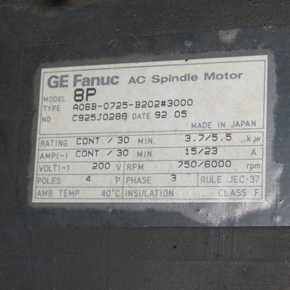 Fanuc A06B-0725-B202#3000 8P 5.5KW 3Ph AC Spindle Motor 200V 6000RPM