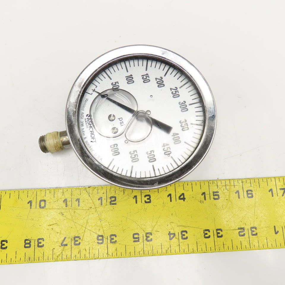 Ashcroft 0-600 PSI Glycerin Filled Pressure Gauge 1/4" NPT Bottom Port 4" Dial