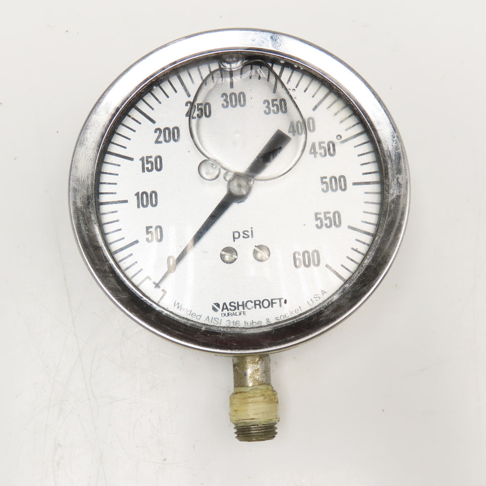 Ashcroft 0-600 PSI Glycerin Filled Pressure Gauge 1/4" NPT Bottom Port 4" Dial