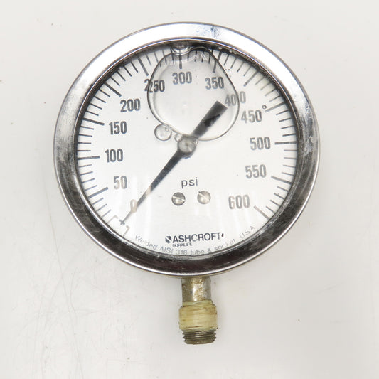 Ashcroft 0-600 PSI Glycerin Filled Pressure Gauge 1/4" NPT Bottom Port 4" Dial