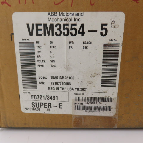 Baldor VEM3554-5 1.5HP AC Electric Motor 1760RPM 575V 3PH 56C Frame NEW