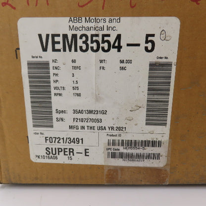 Baldor VEM3554-5 1.5HP AC Electric Motor 1760RPM 575V 3PH 56C Frame NEW