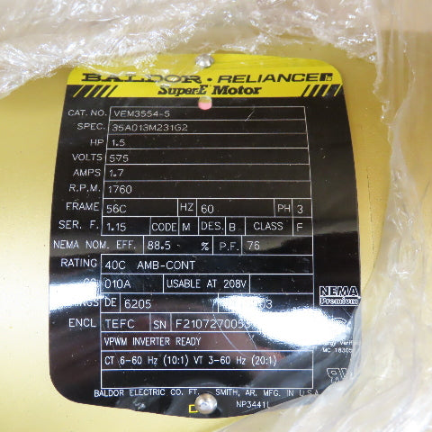 Baldor VEM3554-5 1.5HP AC Electric Motor 1760RPM 575V 3PH 56C Frame NEW