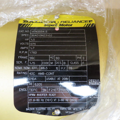 Baldor VEM3554-5 1.5HP AC Electric Motor 1760RPM 575V 3PH 56C Frame NEW