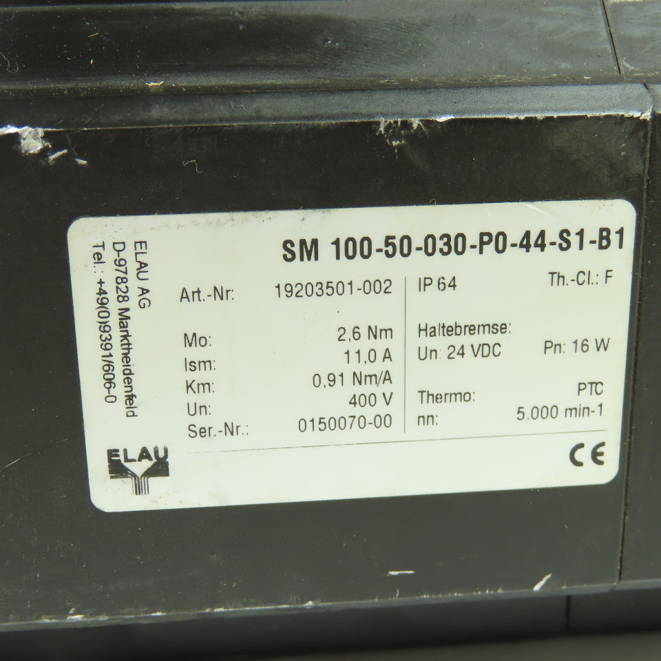 Elau 100-50-030-P0-44-S1-B1 400V Servo Motor 5000RPM24VDC Brake W/P401SGN0070M