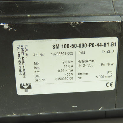 Elau 100-50-030-P0-44-S1-B1 400V Servo Motor 5000RPM24VDC Brake W/P401SGN0070M