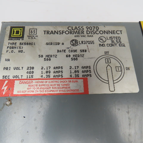 Square D SK500G1 230/460V Pri 500VA 115V Sec. Transformer Disconnect