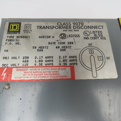 Square D SK500G1 230/460V Pri 500VA 115V Sec. Transformer Disconnect