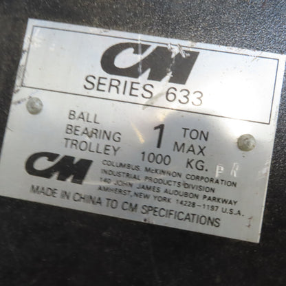 CM Series 633 1 Ton Push /Pull Hoist Trolley 3" to 8" Flange