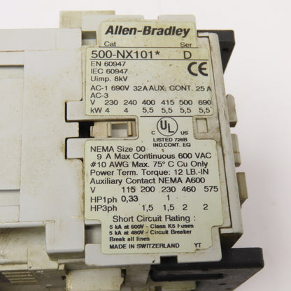 Allen Bradley 505-T0D-A1F Size 00 Reversing Starter 600VAC 110/120V Coil